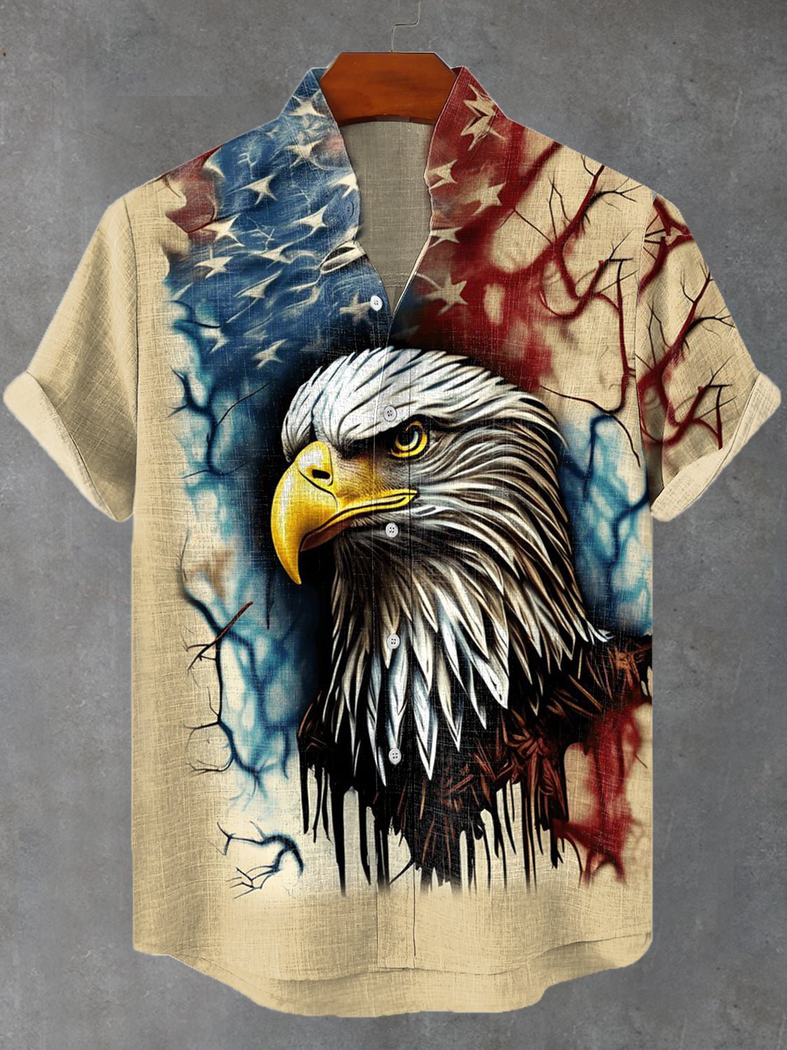Men's Vintage American Eagle Proud Ink Painting Short Sleeve Linen Blend Shirt