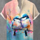 Men's Vintage Colorful Bluebird Nature Oil Painting Print Linen Blend Shirt