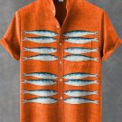 Men's Vintage Fish Art Print Linen Blend Shirt