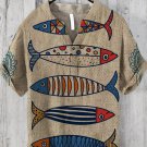 Men's Vintage Fish Geometric Abstract Art Printed Half Button Linen Blend Shirt