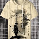 Men's Vintage Japanese Samurai Ink Painting Print Hooded T-shirt