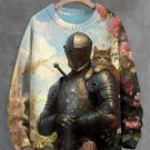 Men's Vintage Medieval Knight And Cat Print Knit Sweatshirt