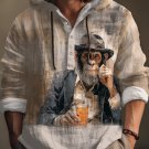 Men's Vintage Monkey Gentleman Drinking Oil Painting Print Hooded Shirt