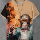 Men's Vintage Monkey Gentleman Whiskey Oil Painting Print Casual T-Shirt