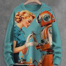 Men's Vintage Repairman Robot Print Knit Sweatshirt