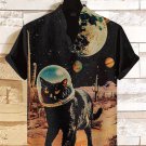 Men's Vintage Scifi Space Black Cat Art Print Casual Shirt