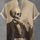 Men's Vintage Skull Gentleman Drinking Art Print Linen Blend Shirt
