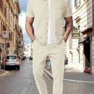 Men's Waffle Solid Color Short Sleeve Shirt Slant Pocket Pants Matching Set