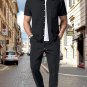 Men's Waffle Solid Color Short Sleeve Shirt Slant Pocket Pants Matching Set