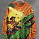 Men's Western Cowboy Playing Guitar Dinosaur UFO Art Print Knit Sweatshirt