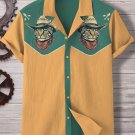 Men's Western Cowcat Art Print Casual Linen Blend Shirt