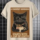 Men's A Perfect Morning Starts With A Cup Of Coffee Cat Print Casual T-Shirt