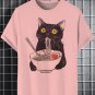 Men's Black Cat Eating Noodle Illustration Print Casual T-Shirt
