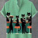 Men's Black Cats Drinking Cocktails Art Print Linen Blend Shirt
