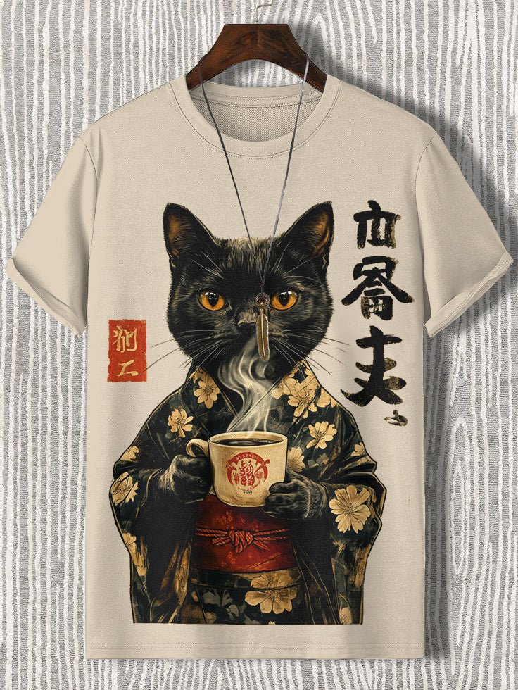 Men's Cat Drinking Coffee Japanese Art Print Casual T-Shirt