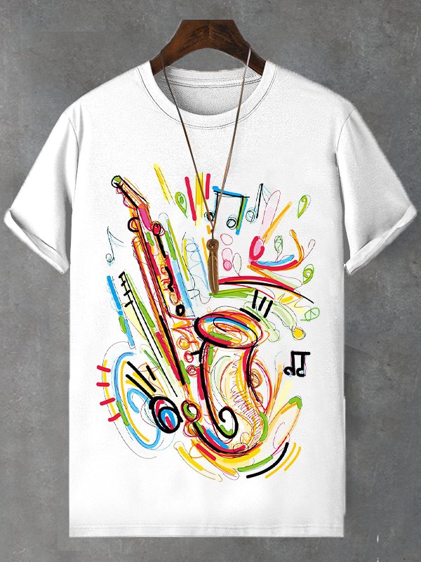 Men's Colourful Saxophone Notes Graffiti Print  Casual T-Shirt