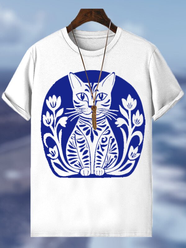 Men's Cute Blue Cat Vacation Print Casual T-Shirt