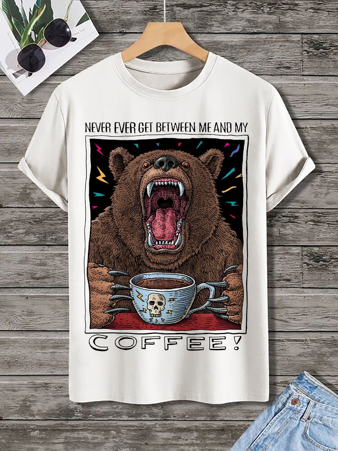 Men's Fierce Bear Drinking Coffee Print Casual T-Shirt