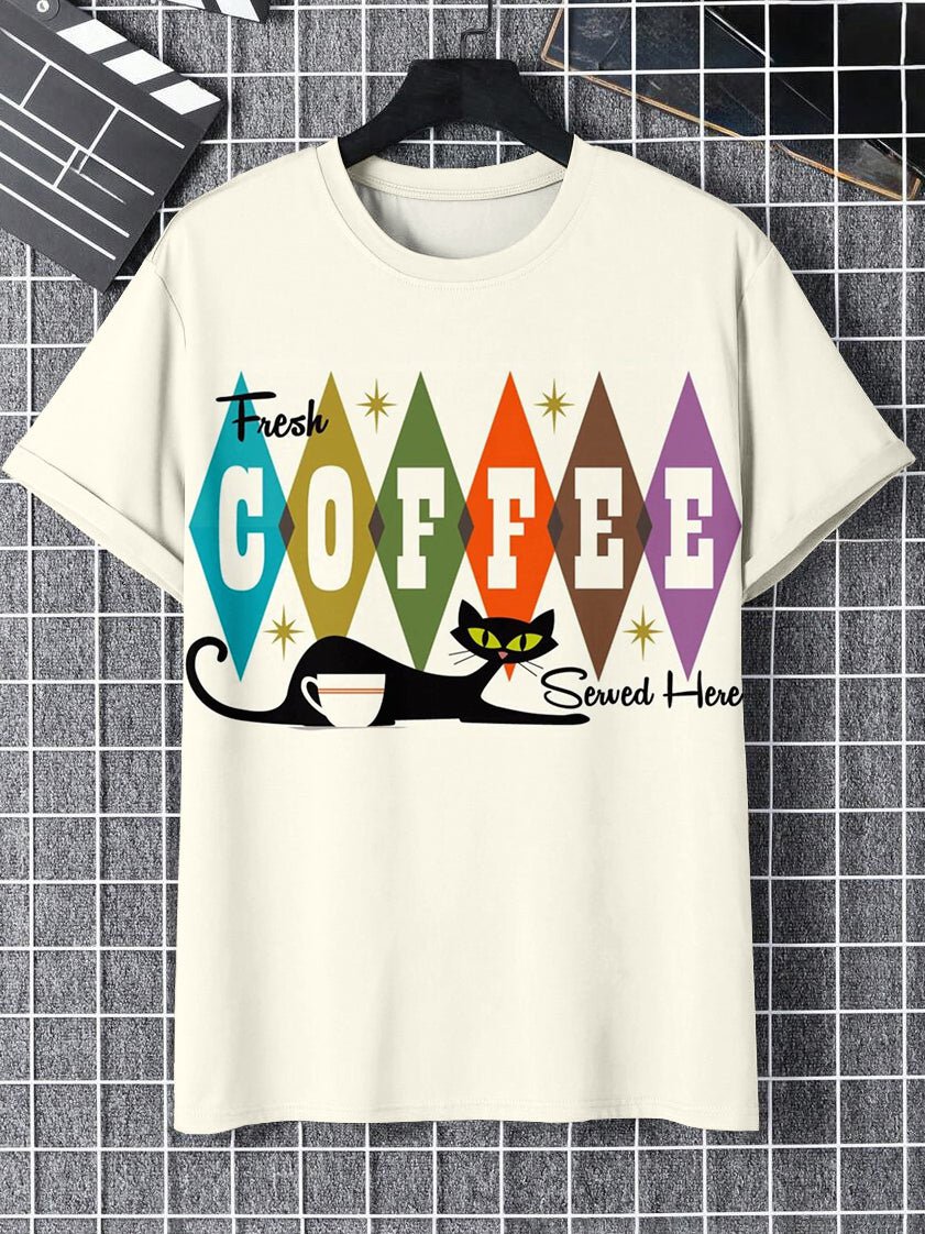 Men's Fresh Coffee Sewed Here Black Cat Print Casual T-Shirt