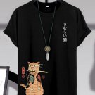 Men's Japanese Sushi Samurai Cat Print Casual T-Shirt