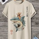 Men's Japanese Wave Samurai Cat Shark Print Cotton Casual T-Shirt