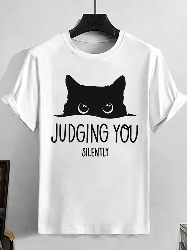 Men's Judging You Silently Black Cat Art Print Cotton Casual T-Shirt