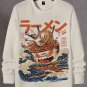 Men's Sea Wave Ramen Japanese Art Print Long Sleeve Casual T-Shirt