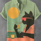 Men's Sunset Seaside Holiday Cocktail Black Cat Art Shirt