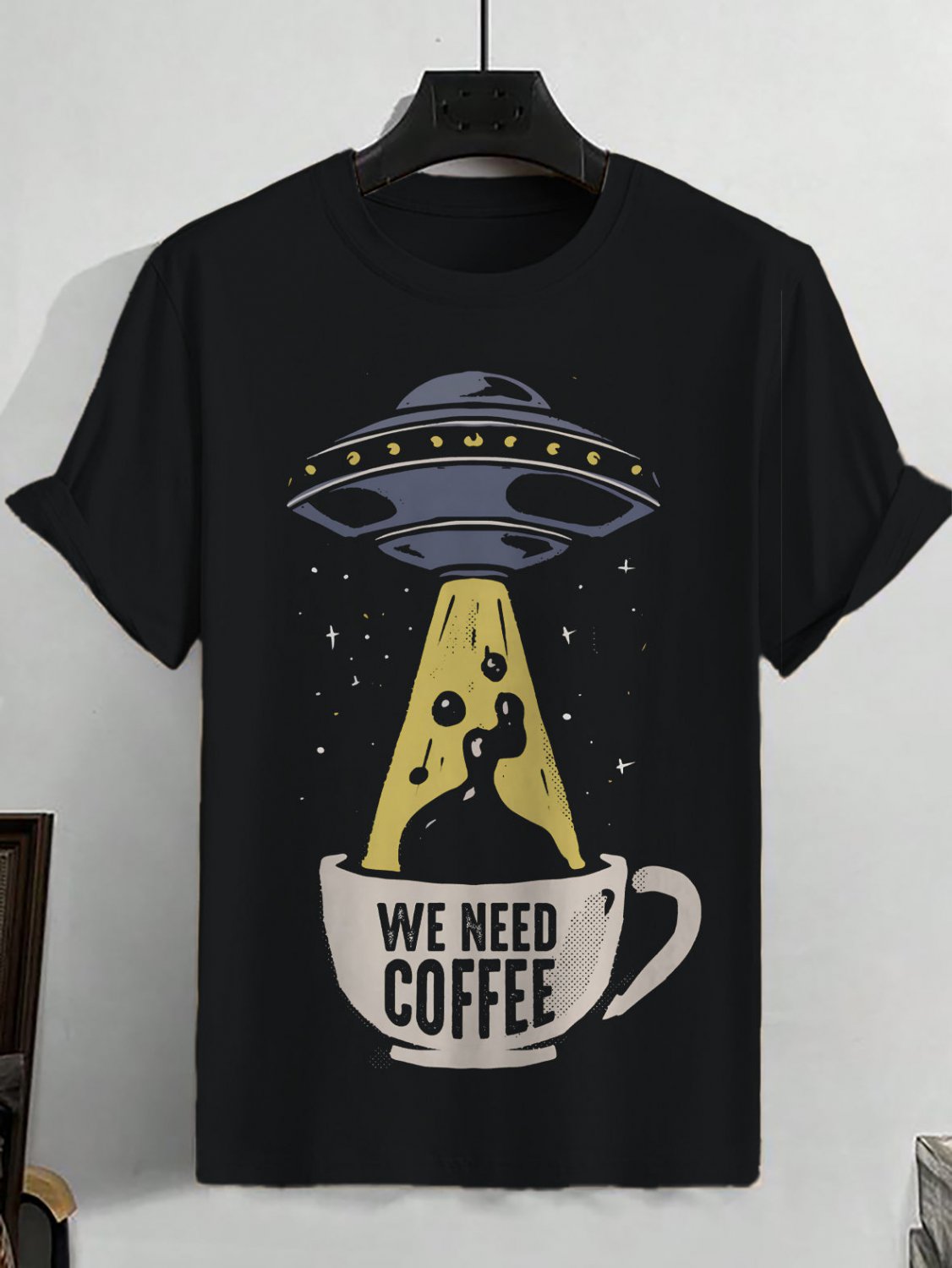 Men's We Need Coffee UFO Print  Casual T-Shirt