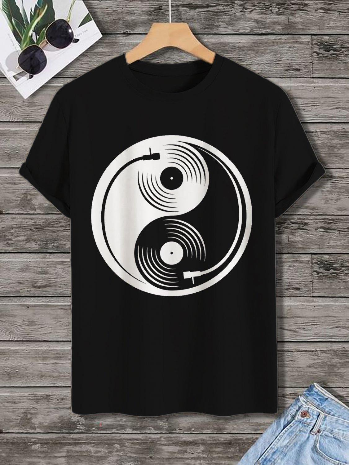 Men's Yin Yang Vinyl Record Print  Casual T-Shirt