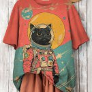 Women's Black Cat Astronaut Color Block Art Print Casual T-Shirt