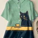 Women's Black Cat Chilling Coffee Art Print Short Sleeve Shirt