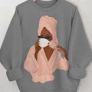 Women's Black Woman Leisurely Drinking Coffee Print Long Sleeve T-Shirt Thin Sweatshirt