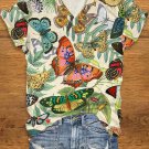 Women's Boho Art Butterfly Spring Plant Print V Neck T-Shirt
