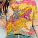 Women's Cat and Dinosaur Fantasy Art Print Casual T-Shirt