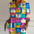 Women's Cat And Dog Fun Abstract Color Block Art Printed Long Sleeve Shirt