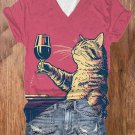 Women's Cat Chilling With Red Wine Print Casual T-Shirt
