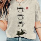 Women's Cat Coffee Cup Japanese Art Painting Print T-Shirt