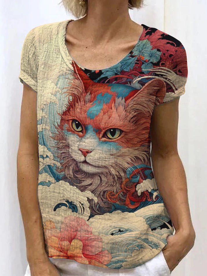 Women's Cat Sea Waves Flower Print Short Sleeve Casual T-Shirt