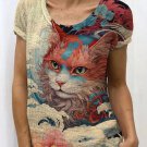 Women's Cat Sea Waves Flower Print Short Sleeve Casual T-Shirt