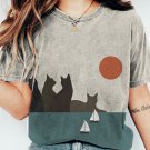 Women's Cats Sea Sunset Print Casual T-Shirt