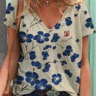 Women's Cherry Blossom Japanese Lino Art Vintage V-Neck T-Shirt