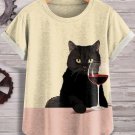 Women's Chilling Red Wine And Black Cat Art Print Casual T-Shirt