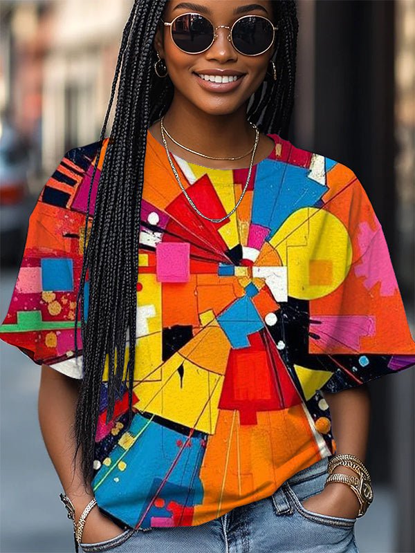 Women's Colored Blocks Art Print Casual T-Shirt