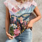 Women's Colorful Landscape Flowers Painting Print Casual T-Shirt