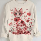 Women's Elegant Flowers Cat Valentine's Day Print Cotton Long Sleeve T-Shirt Thin Sweatshirt