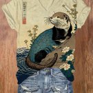 Women's Floral Otter Water Japanese Art Print T-Shirt
