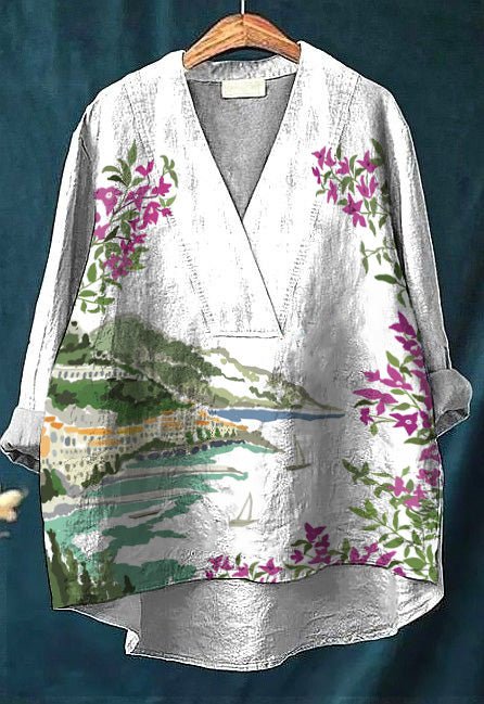 Women's Flower Vacation Printed Loose V Neck Long Sleeve T-Shirt