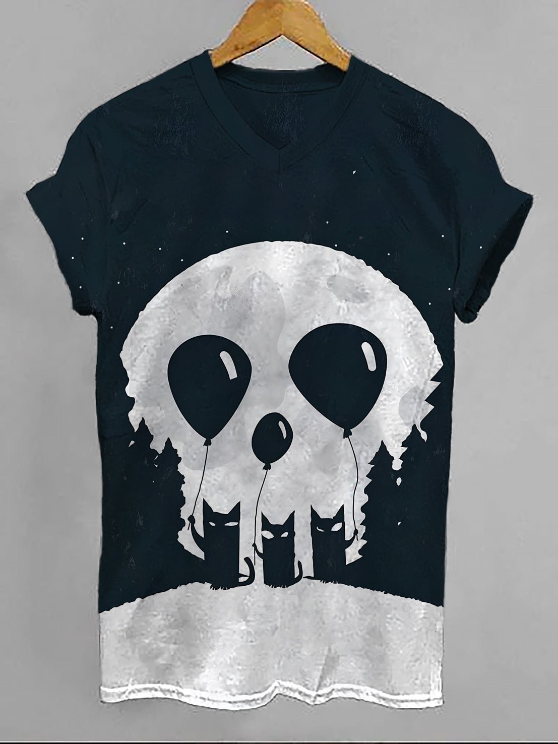 Women's Funny Skull Cat Print Casual V Neck T-Shirt