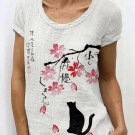 Women's Japanese Retro Ink Floral Cat Art Painting Print Casual T-Shirt